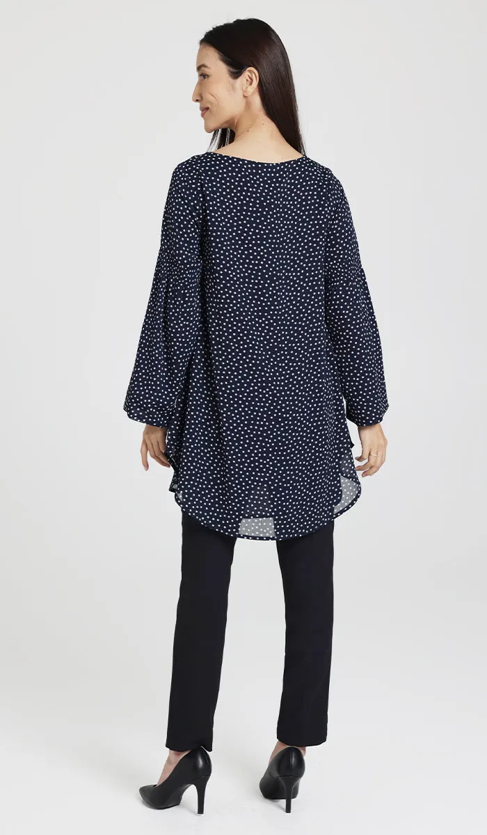 Sundus Long Chiffon Print Modest Top - Navy Dot