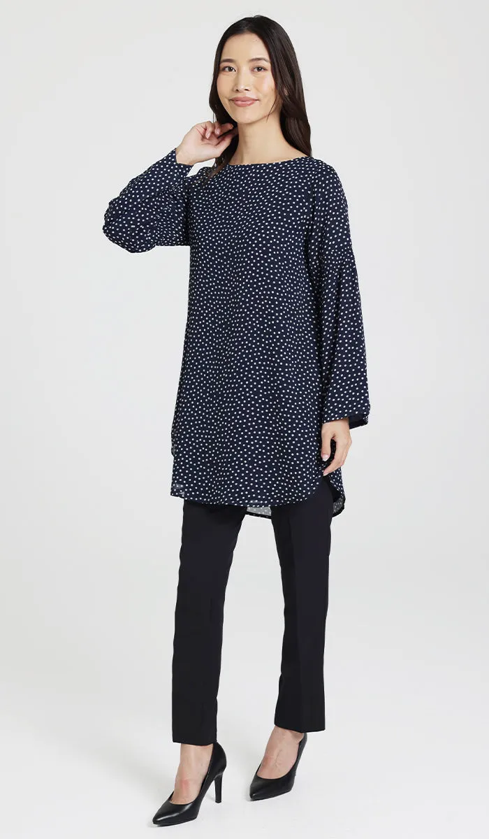 Sundus Long Chiffon Print Modest Top - Navy Dot