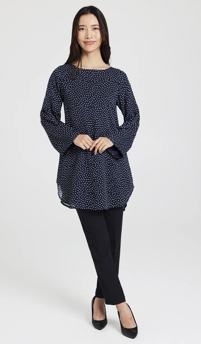 Sundus Long Chiffon Print Modest Top - Navy Dot